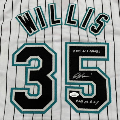Dontrelle Willis Autographed Florida Marlins (Pinstripe #35) Custom Jersey w/ 2003 ROY & WS Champs - JSA