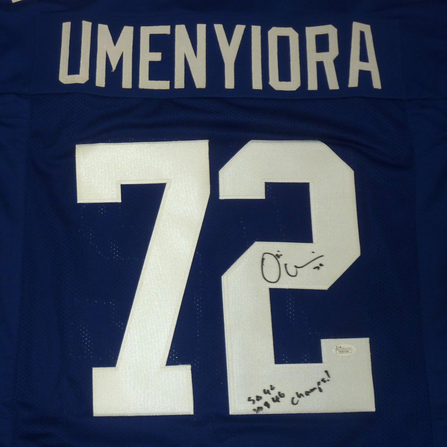 Osi Umenyiora Autographed New York (Blue #72) Custom Jersey w/ SB Inscription - JSA
