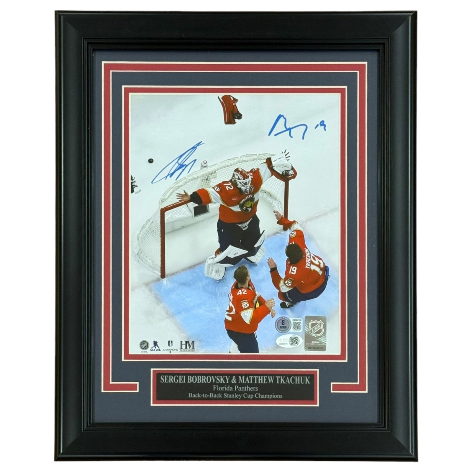 Sergei Bobrovsky & Matthew Tkachuk Autographed Florida Panthers 2025 Stanley Cup Celebration Framed 8x10 Photo - JSA