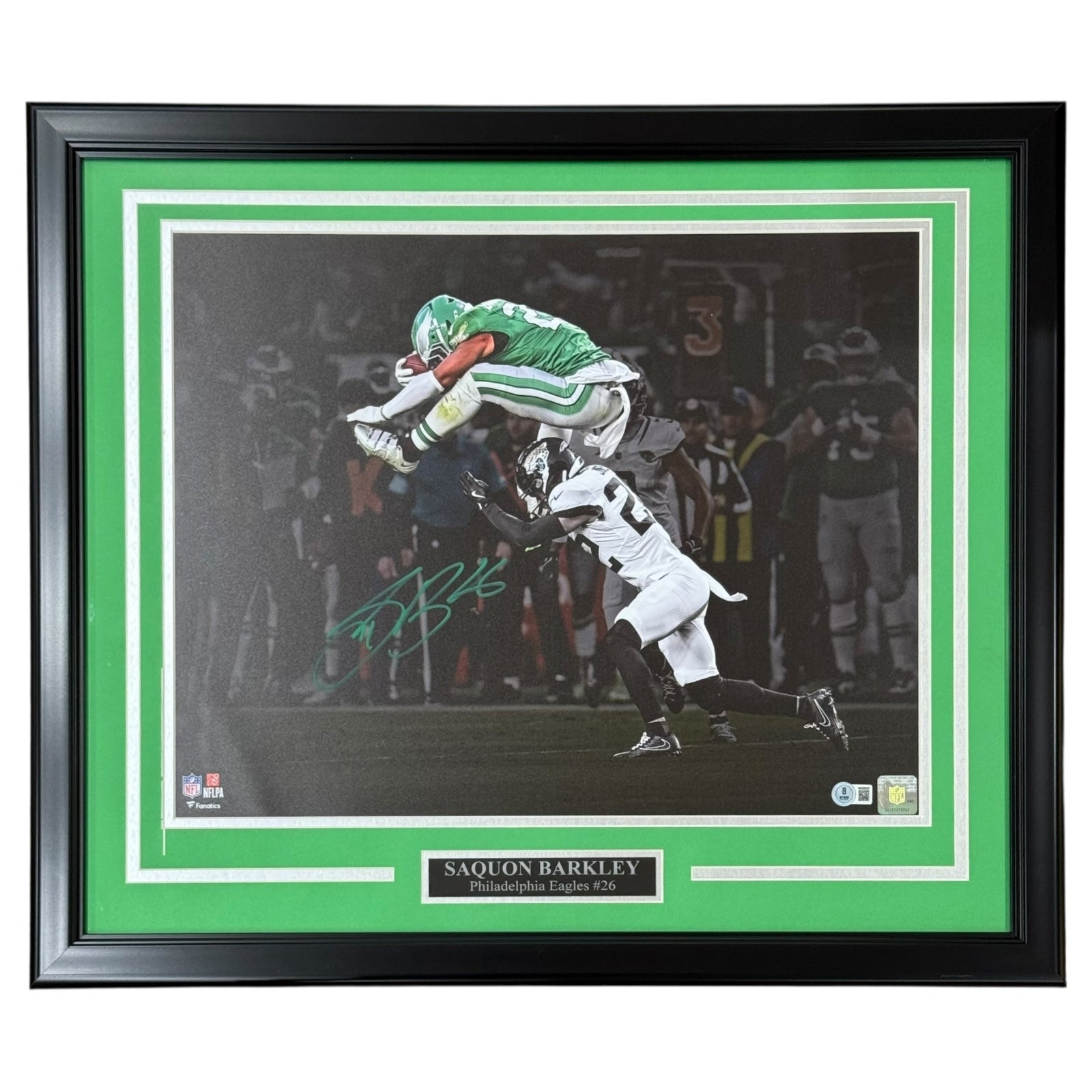 Saquon Barkley Autographed Philadelphia Eagles (Reverse Hurdle Spotlight) Deluxe Framed 16x20 Photo - Beckett