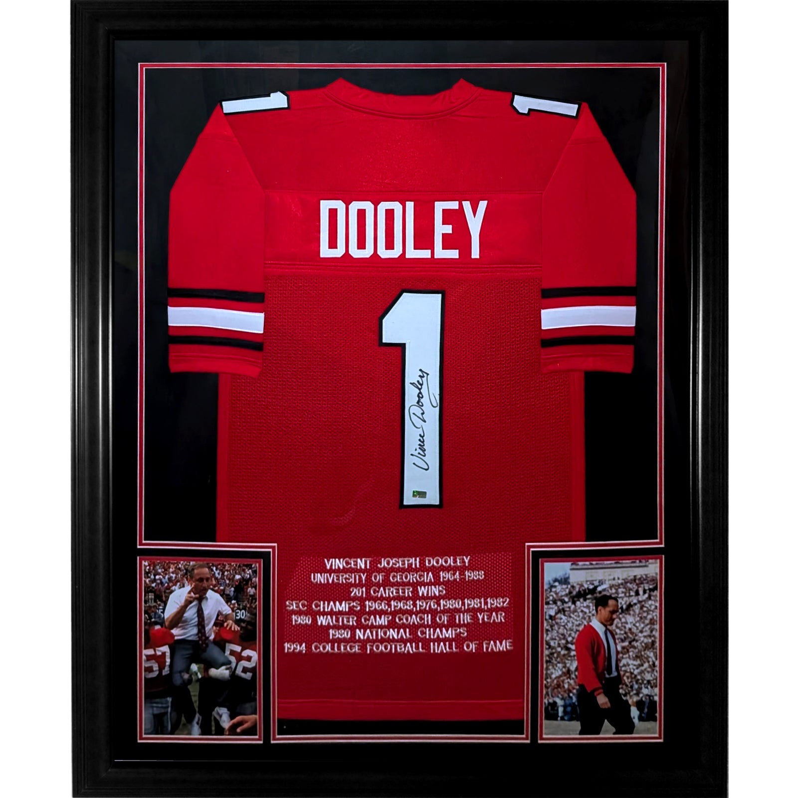 Vince Dooley Autographed Georgia Bulldogs (Red #1) Vertical Framed Stat Jersey - JSA