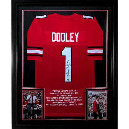 Vince Dooley Autographed Georgia Bulldogs (Red #1) Vertical Framed Stat Jersey - JSA