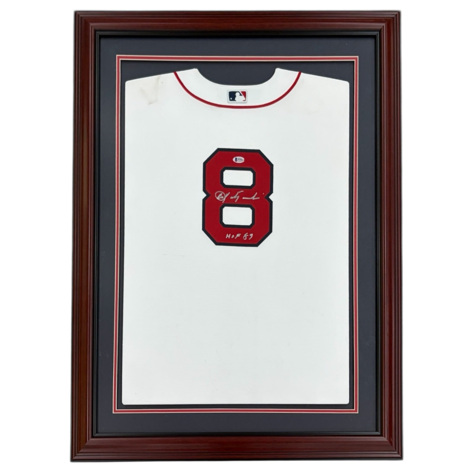 Carl Yastrzemski Autographed Boston Red Sox (White #8) Small Framed Jersey - JSA