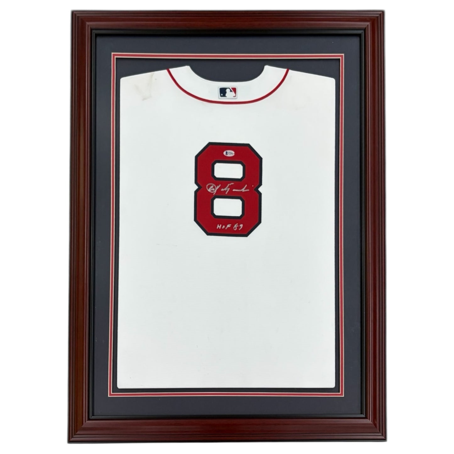 Carl Yastrzemski Autographed Boston Red Sox (White #8) Small Framed Jersey - JSA
