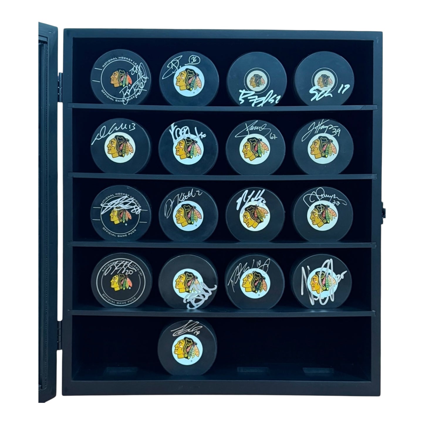 Chicago Blackhawks 2013 Stanley Cup Team Autographed Hockey Puck Set in Display Cabinet - JSA