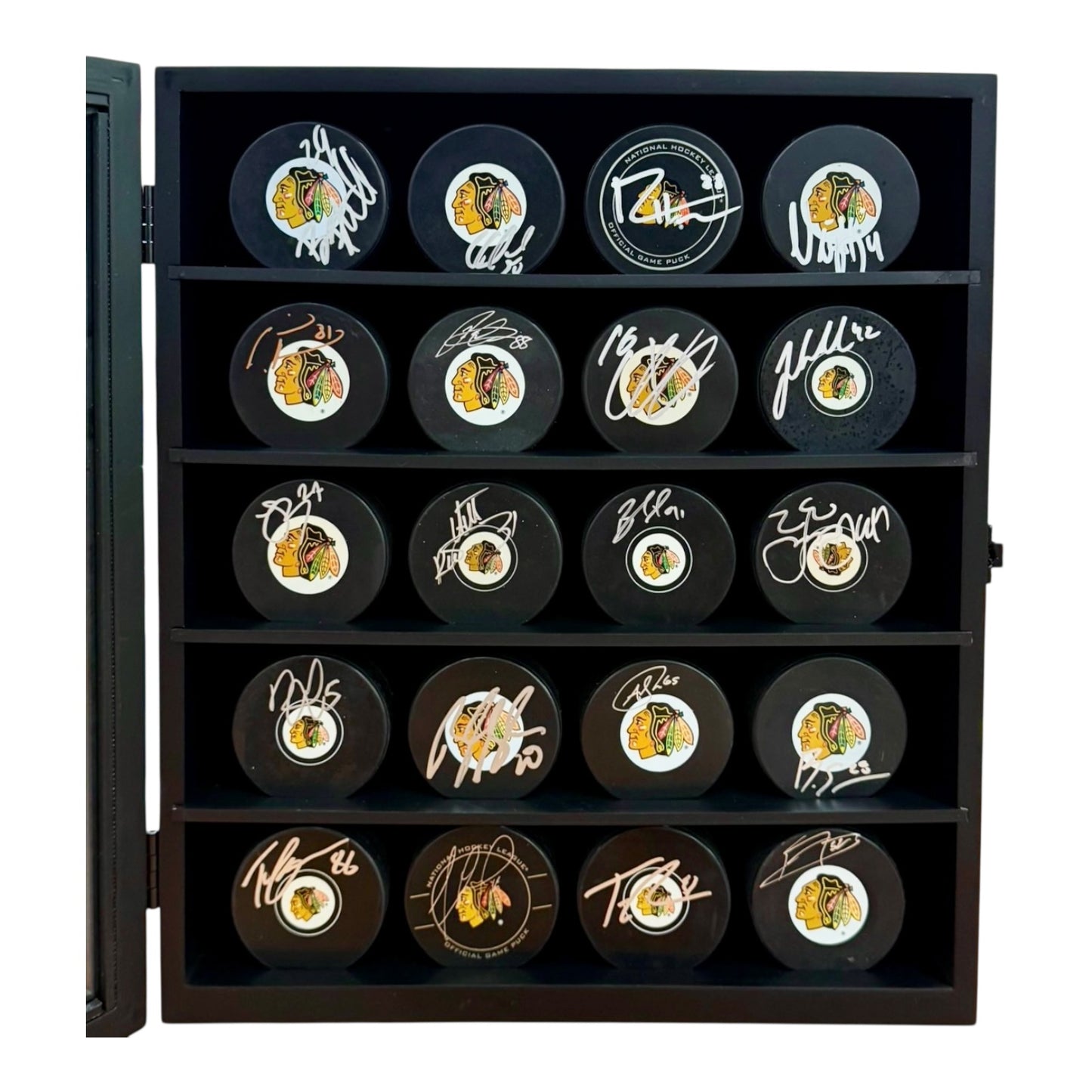 Chicago Blackhawks 2015 Stanley Cup Team Autographed Hockey Puck Set in Display Cabinet - JSA