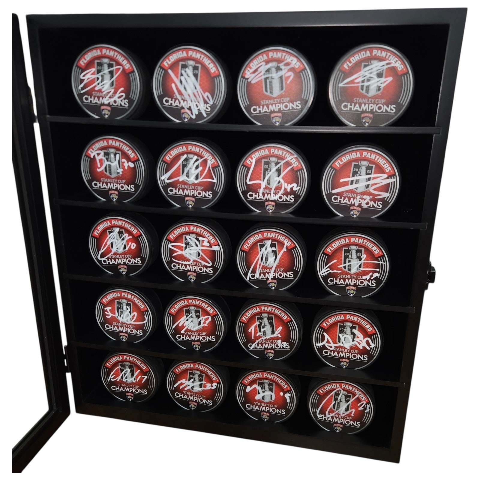 Florida Panthers 2025 Stanley Cup Team Autographed Hockey Puck Set in Display Cabinet - JSA