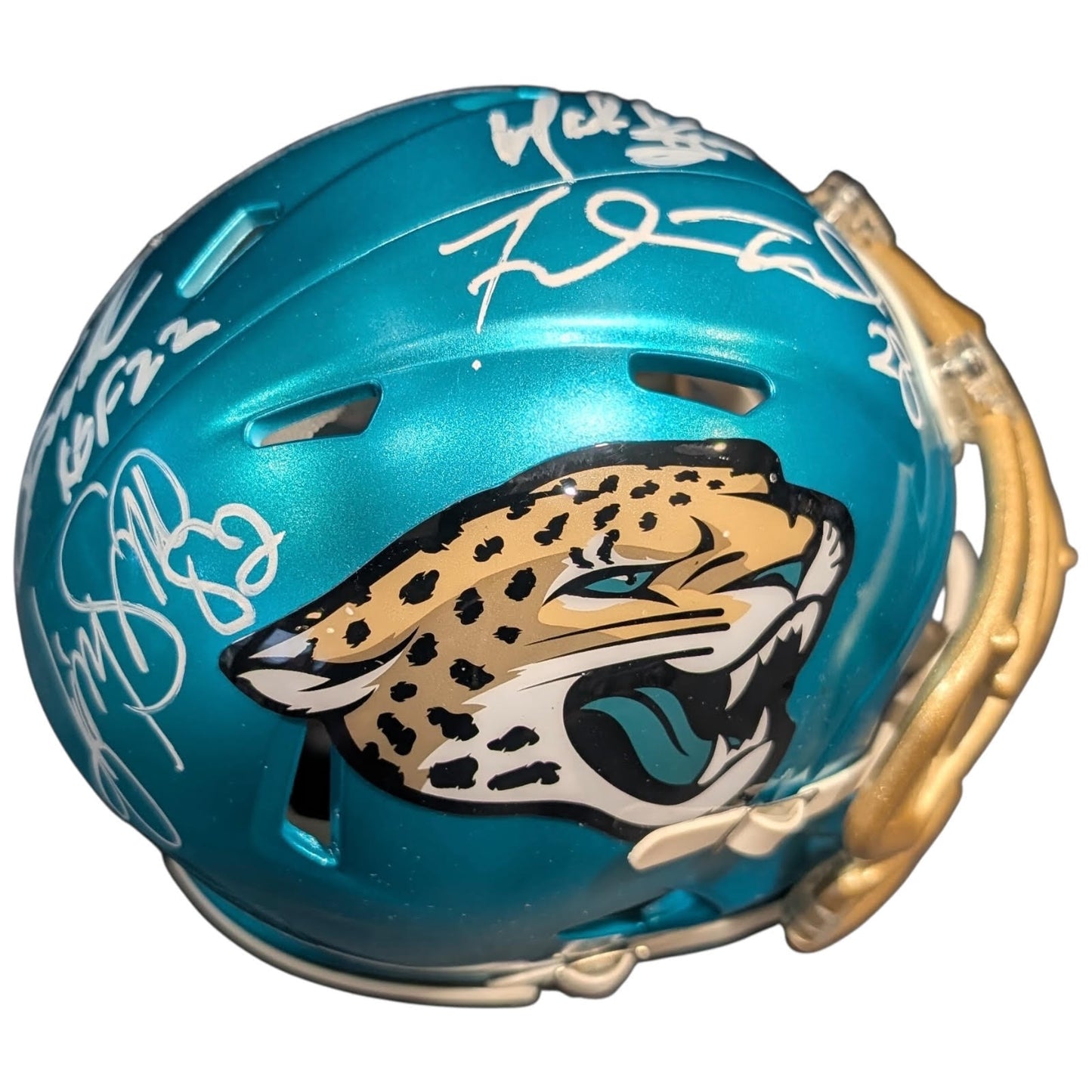 Pride of the Jaguars - Tony Boselli , Mark Brunell, Jimmy Smith And Fred Taylor Autographed Jacksonville Jaguars (FLASH) Mini Helmet - JSA