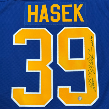 Dominik Hasek Autographed Buffalo Sabres (Blue #39) Authentic Hockey Jersey w/ "HOF 14" - Frozen Pond
