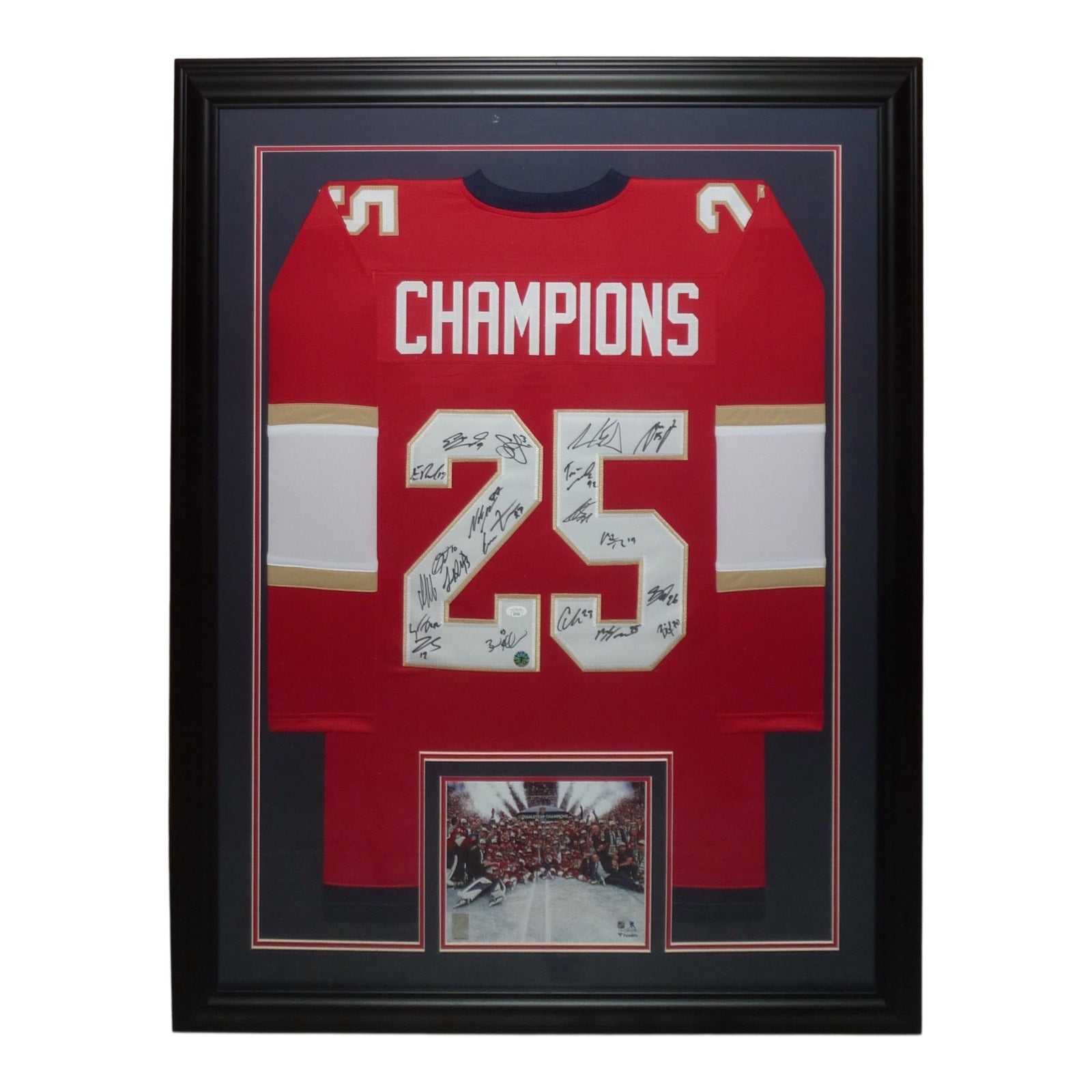 Florida Panthers 2025 Stanley Cup Champions Team Autographed (Red #25) Deluxe Framed Jersey - 20 Signatures - JSA