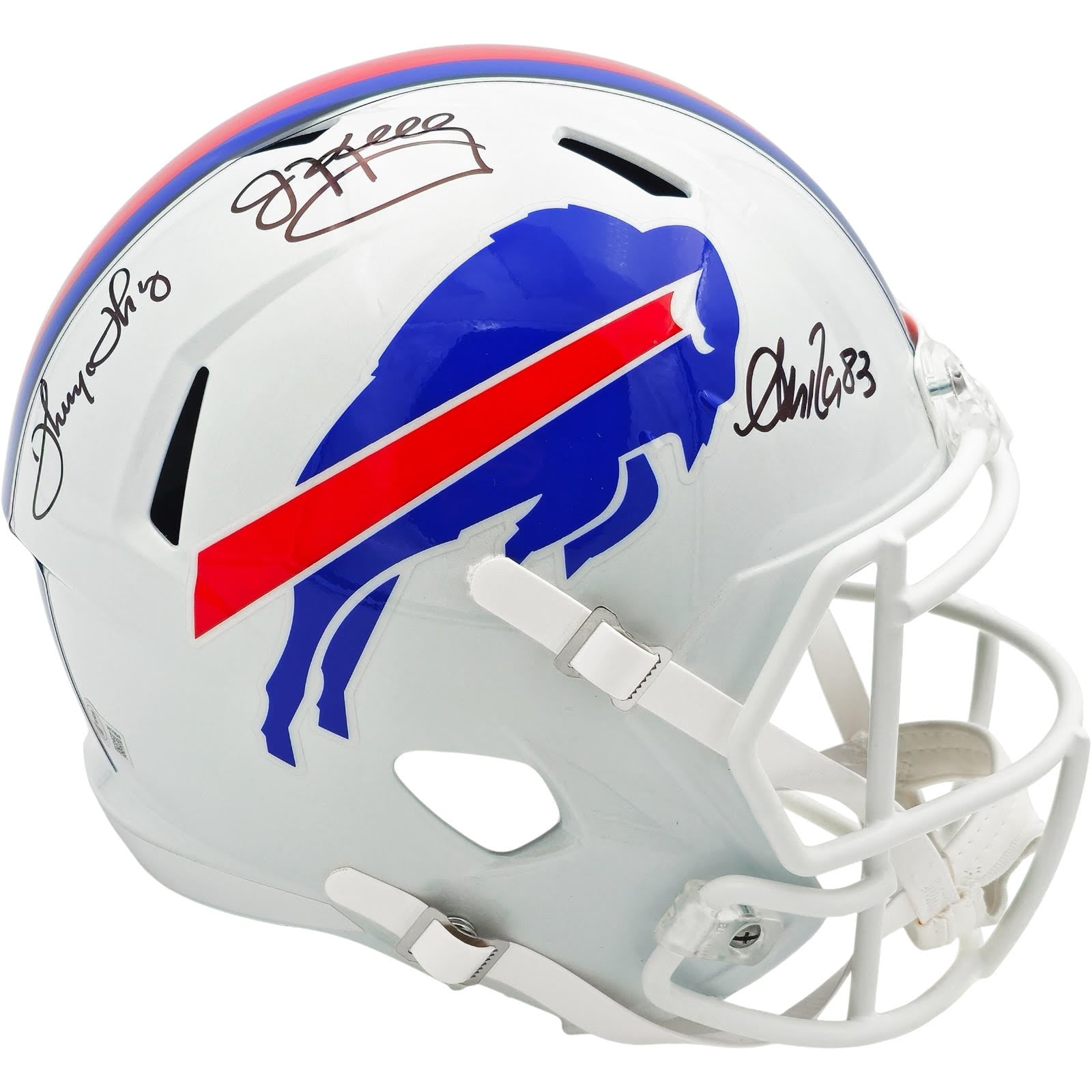 Buffalo Bills Greats Jim Kelly, Andre Reed And Thurman Thomas Autographed (White SPEED) Deluxe Full-Size Replica Helmet - Beckett