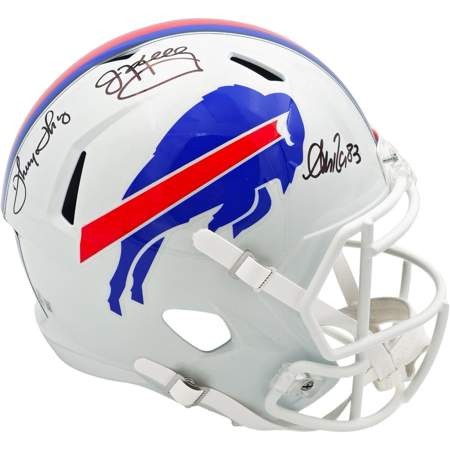 Buffalo Bills Greats Jim Kelly, Andre Reed And Thurman Thomas Autographed (White SPEED) Deluxe Full-Size Replica Helmet - Beckett