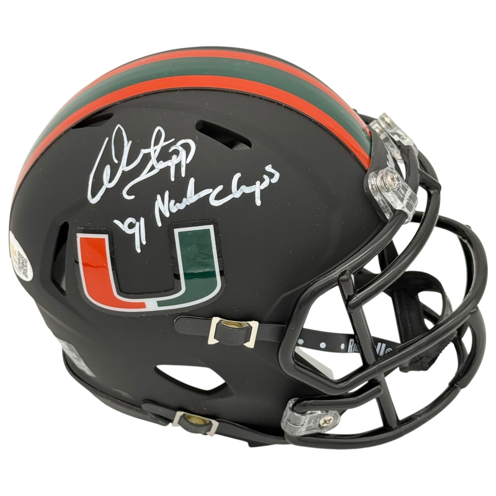 Warren Sapp Autographed Miami Hurricanes (Black Nights) Mini Helmet w/ 91 National Champs - JSA
