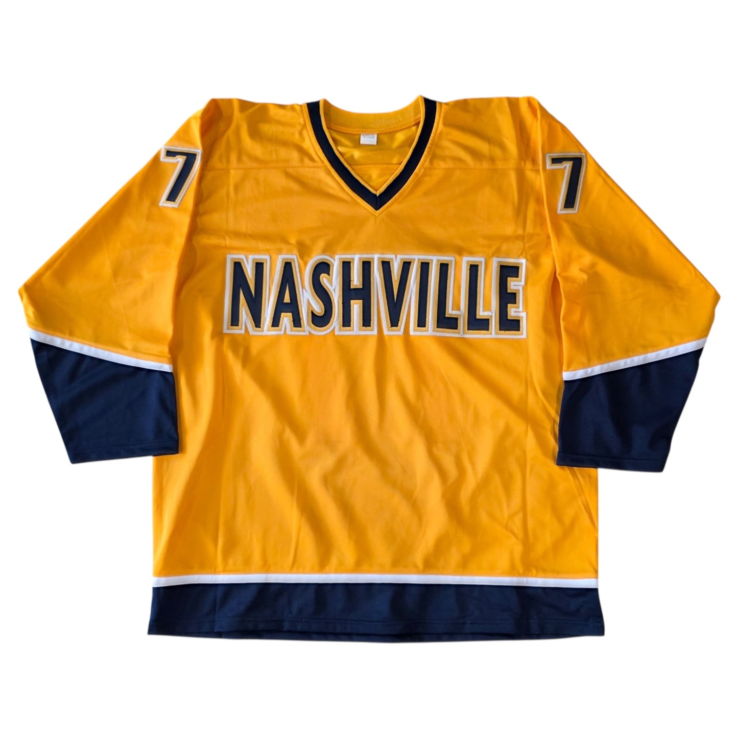 Luke Evangelista Autographed Nashville (Gold #77) Custom Hockey Jersey - JSA