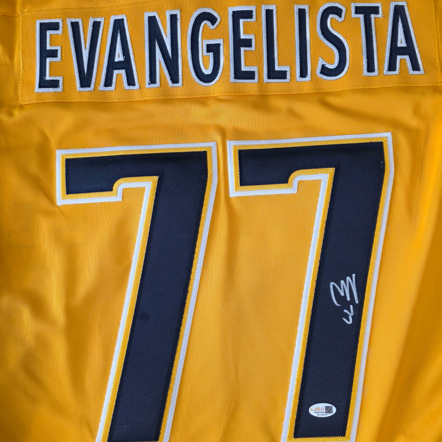 Luke Evangelista Autographed Nashville (Gold #77) Custom Hockey Jersey - JSA
