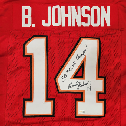 Brad Johnson Autographed Tampa Bay (Red #14) Custom Jersey w/ SB XXXVII Champs - JSA