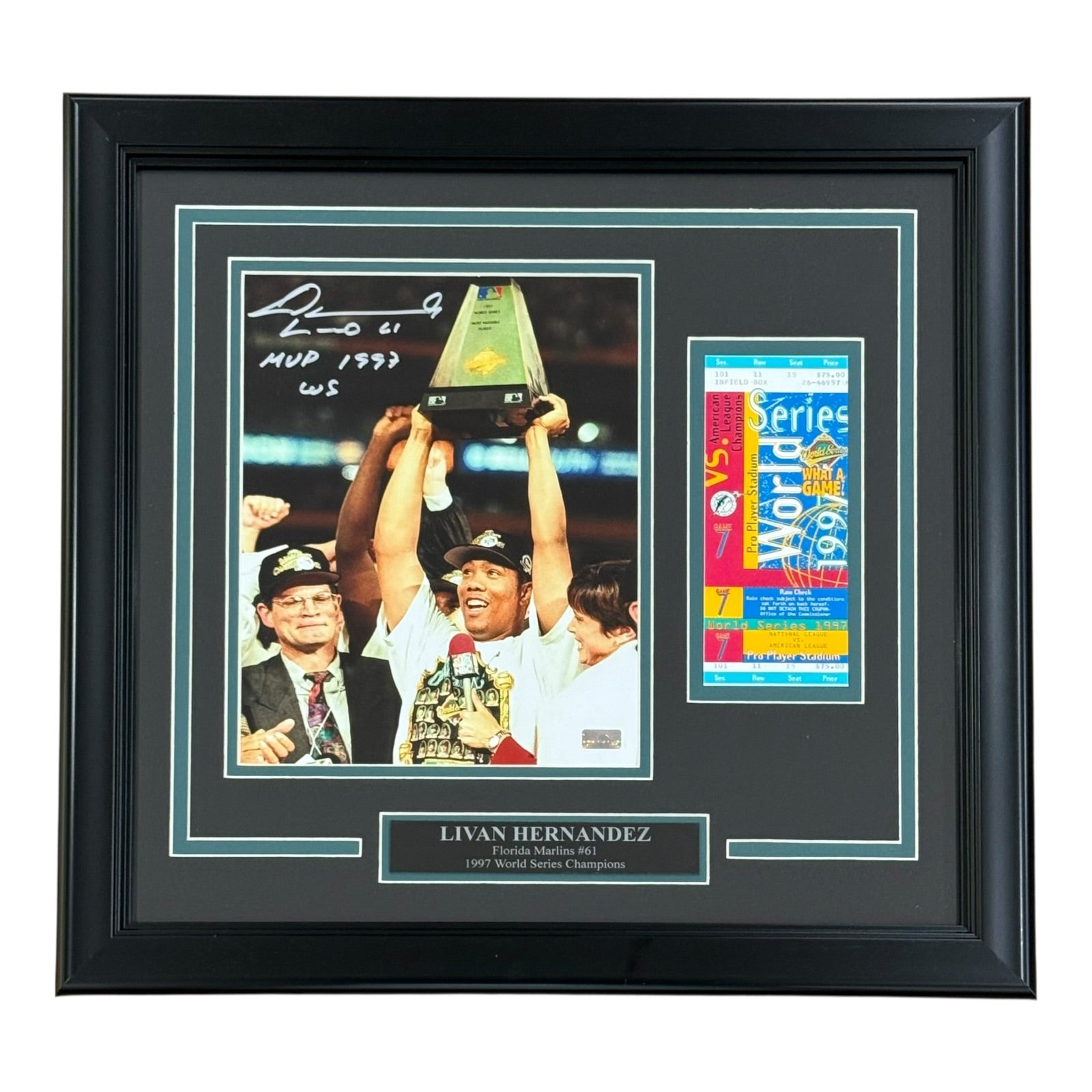 Livan Hernandez Autographed Florida Marlins (World Series Trophy) Deluxe Framed 8x10 Photo w/ Replica WS Ticket and Inscription