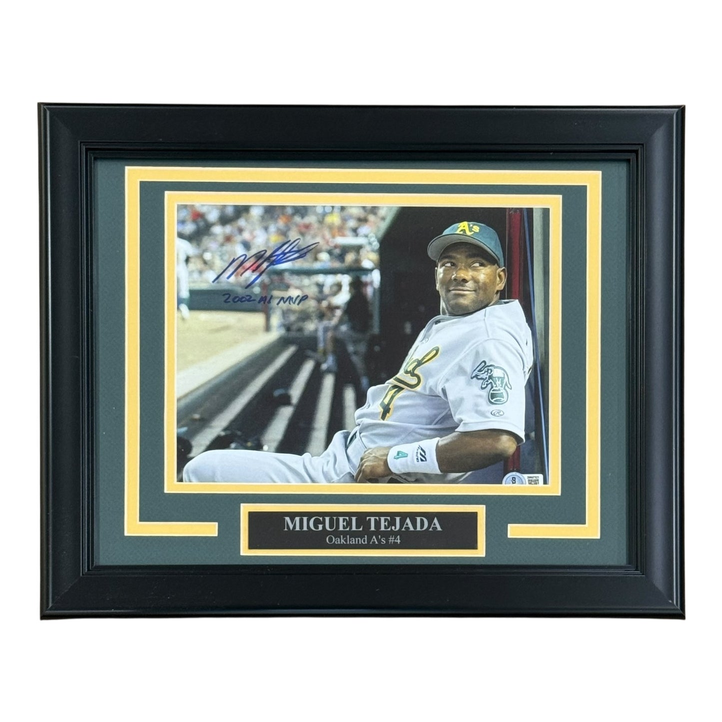 Miguel Tejada Autographed Oakland Athletics Deluxe Framed 8x10 Photo w/ "2002 AL MVP" - Beckett
