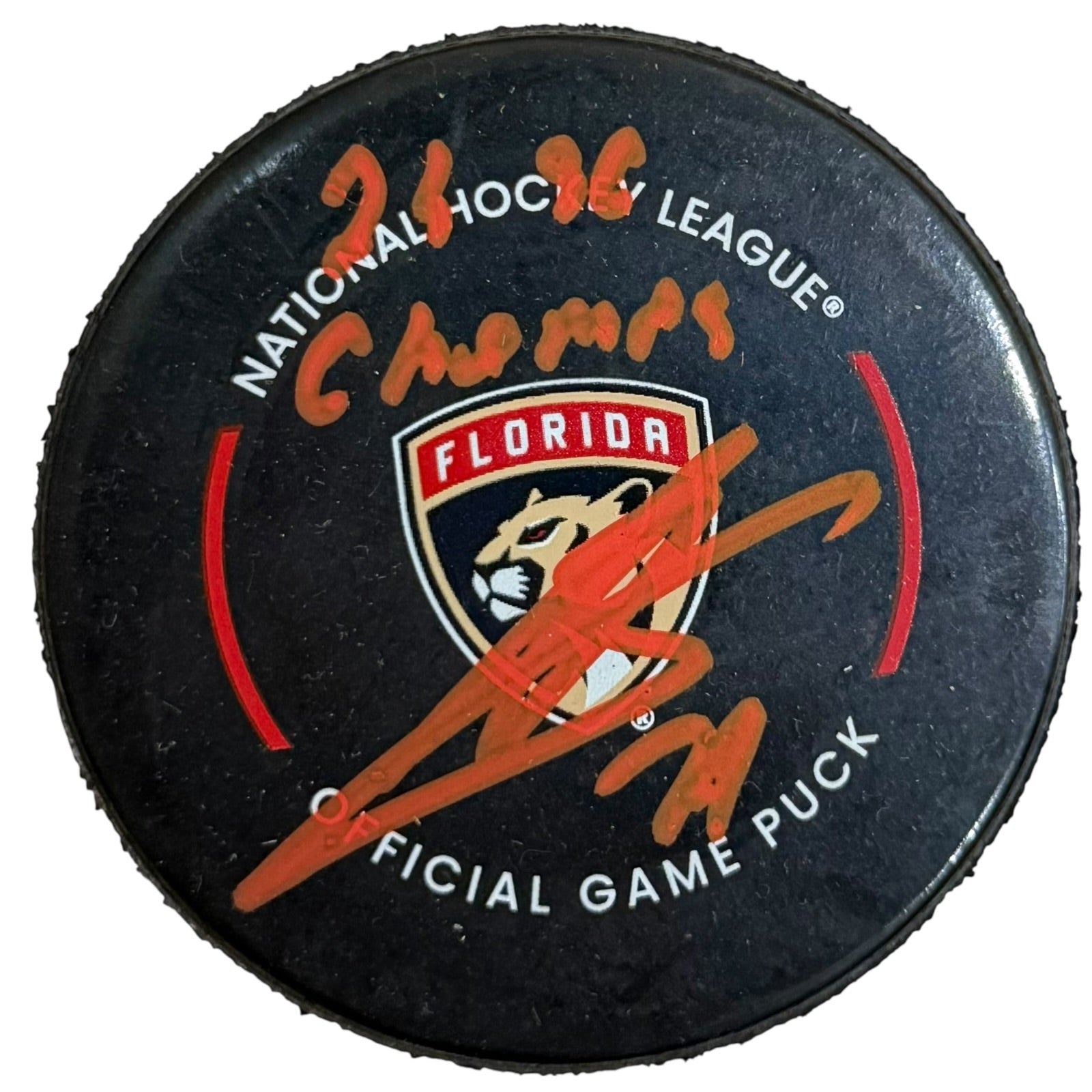 Sergei Bobrovsky Autographed Florida Panthers Official Game Hockey Puck w/ 2024 SC Champs - Beckett