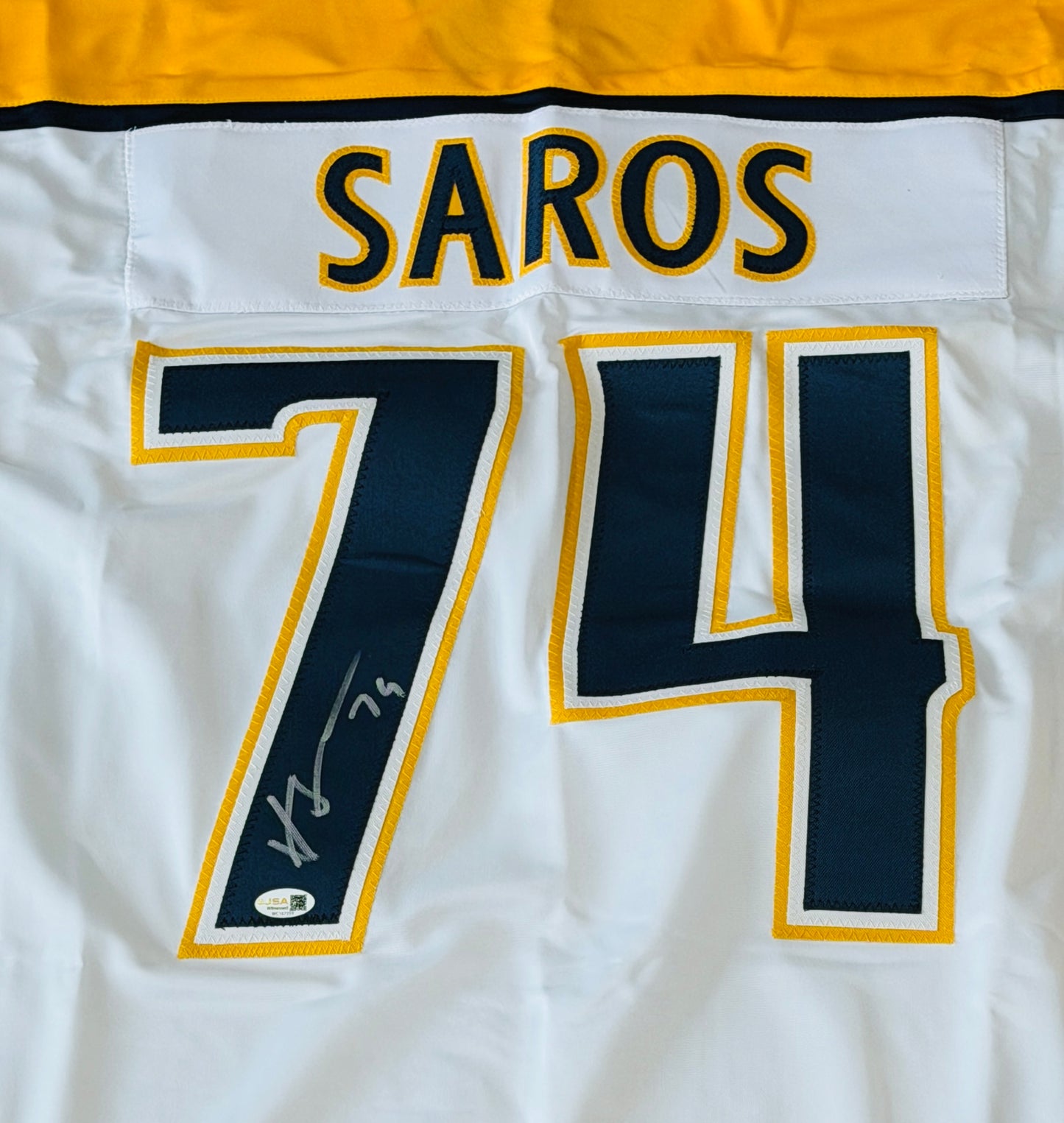 Juuse Saros Autographed Nashville (White #74) Custom Hockey Jersey - JSA
