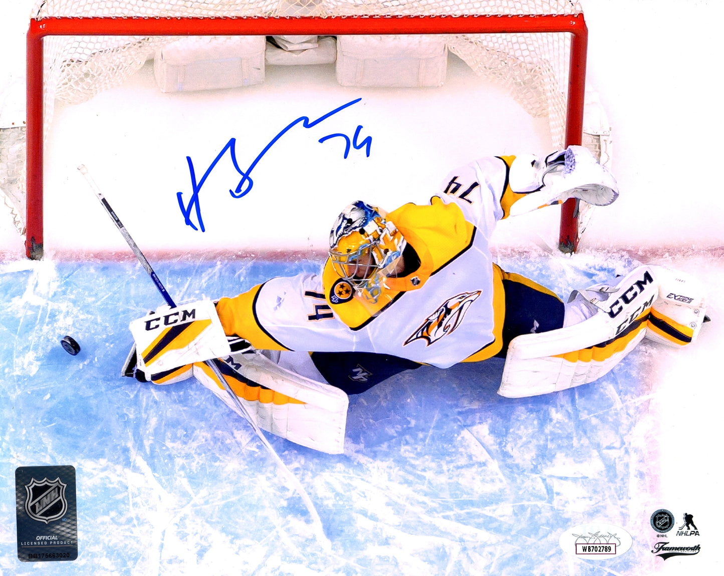 Juuse Saros Autographed Nashville Predators (Horiz Stretch Save) 8x10 Photo - JSA