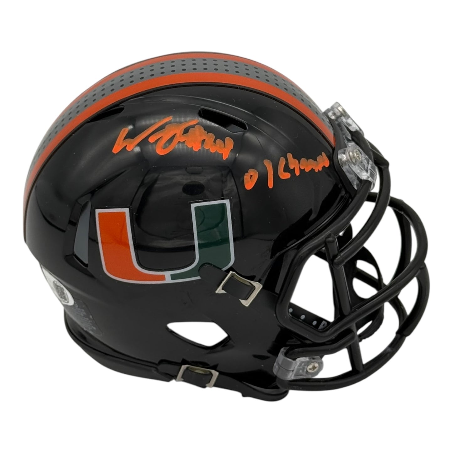 William Joseph Autographed Miami Hurricanes (Black Nights) Mini Helmet w/ "01 Champs" - JSA