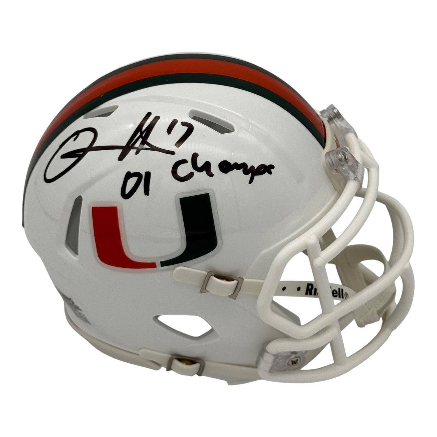D.J. Williams Autographed Miami Hurricanes (Speed) Mini Helmet w/ "01 Champs" - JSA