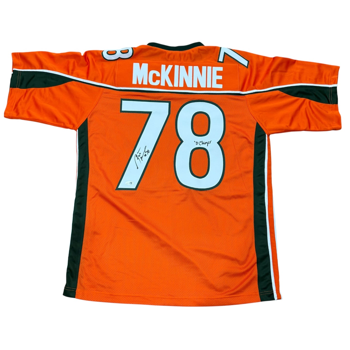 Bryant McKinnie Autographed Miami (Orange #78) Custom Stitched Jersey w/ "01 Champs" - JSA