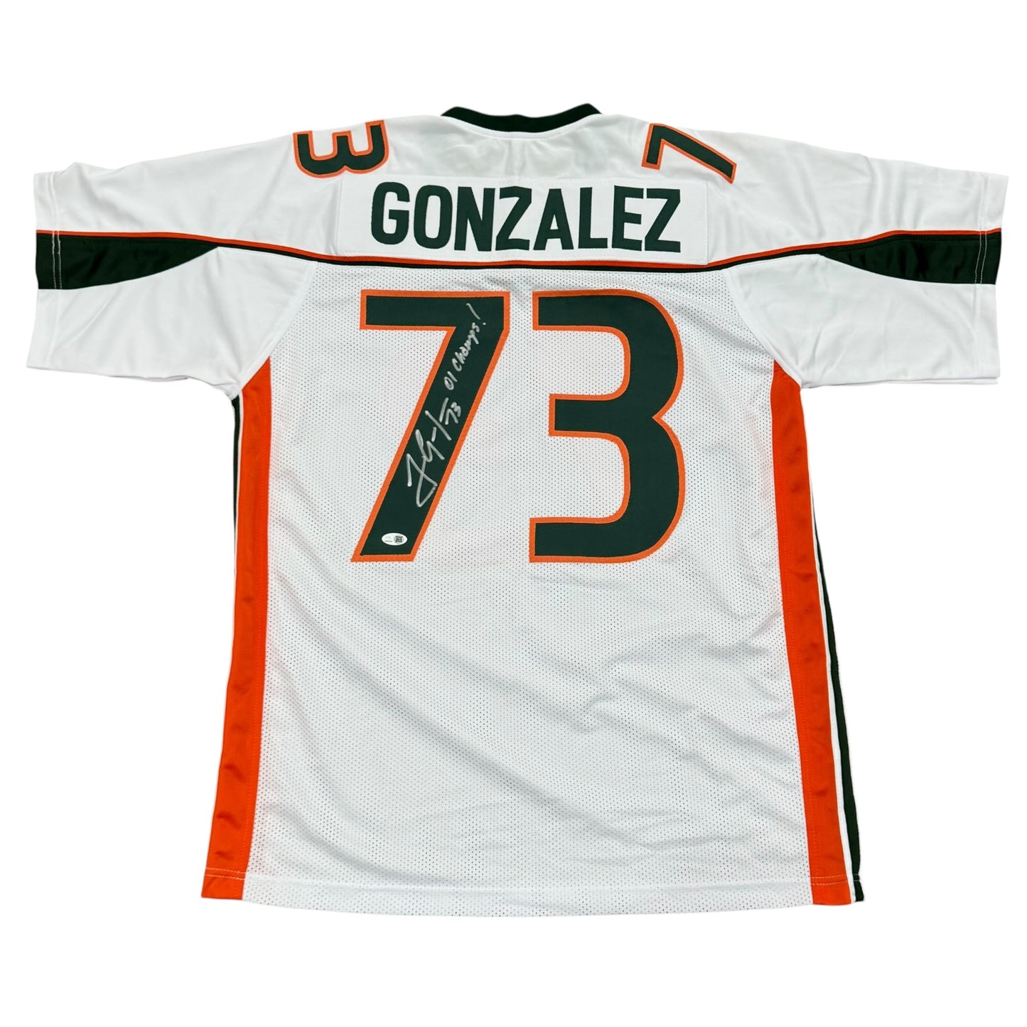 Joaquin Gonzalez Autographed Miami (White #73) Custom Stitched Jersey w/ "01 Champs" - JSA