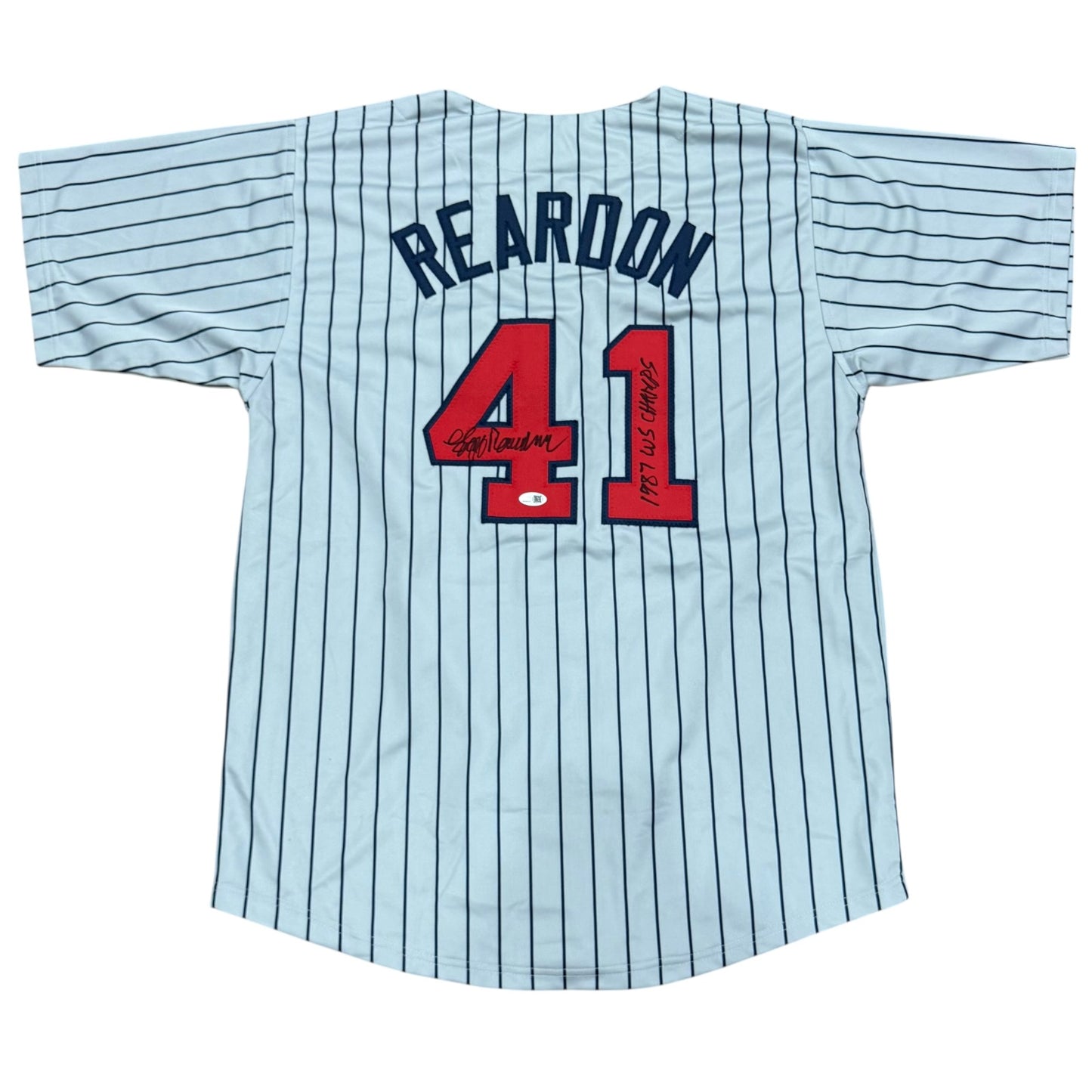 Jeff Reardon Autographed Minnesota (Pinstripe #41) Custom Stitched Jersey w/ "1987 WS Champs" - JSA