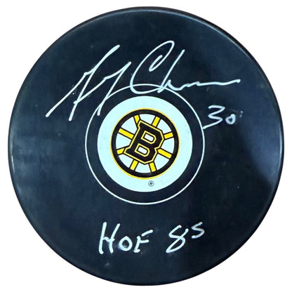 Gerry Cheevers Autographed Boston Bruins Logo Puck w/ "HOF 85" - JSA