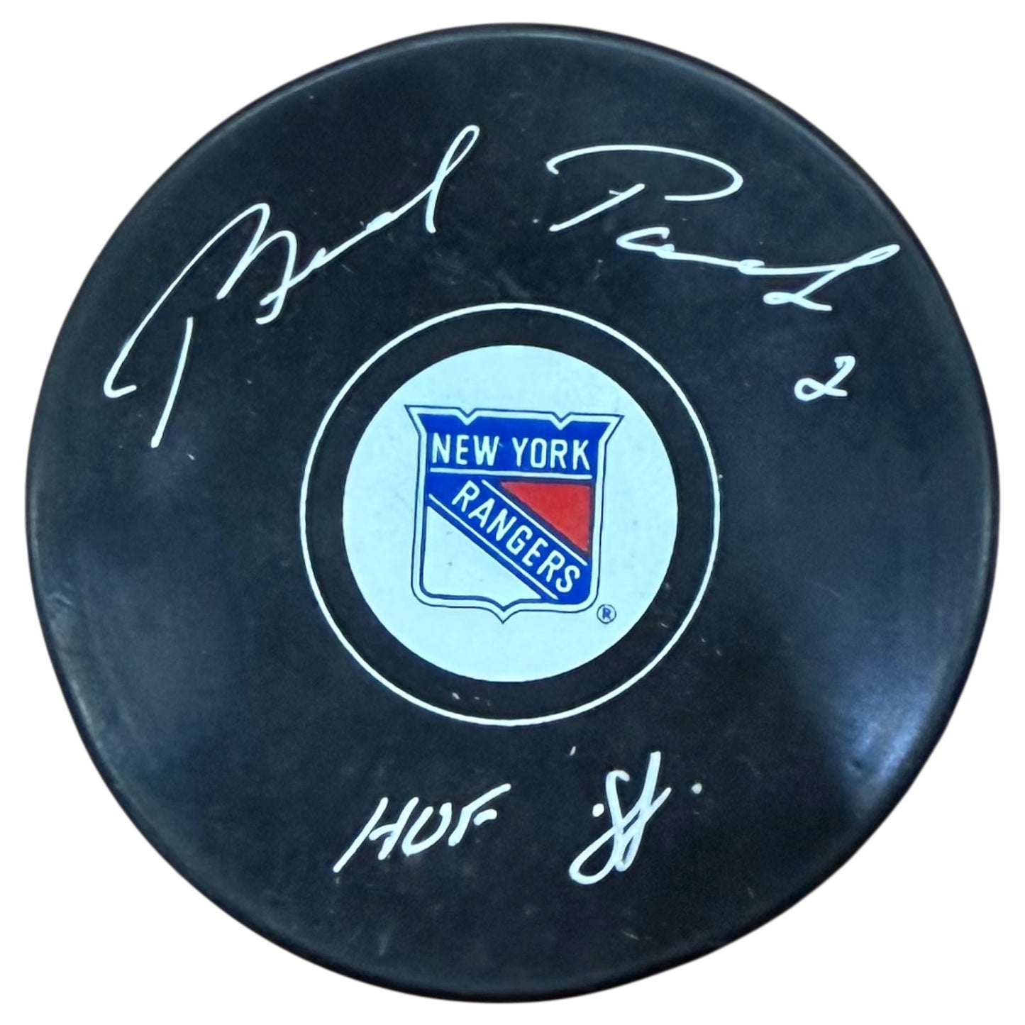 Brad Park Autographed New York Rangers Logo Puck w/ "HOF 88" - JSA