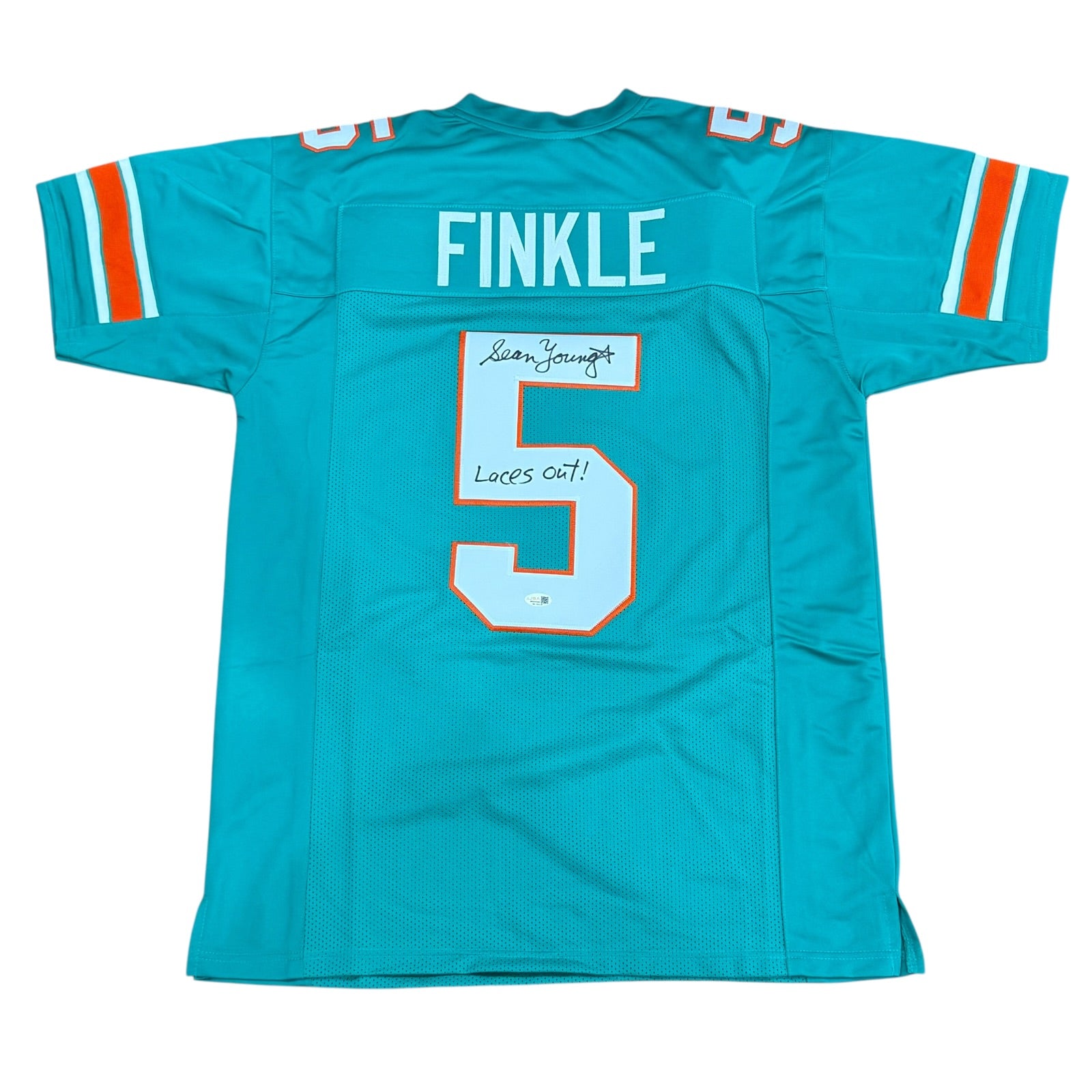 Sean Young Autographed Ray Finkle Miami Dolphins (Teal #5) Jersey w/ 