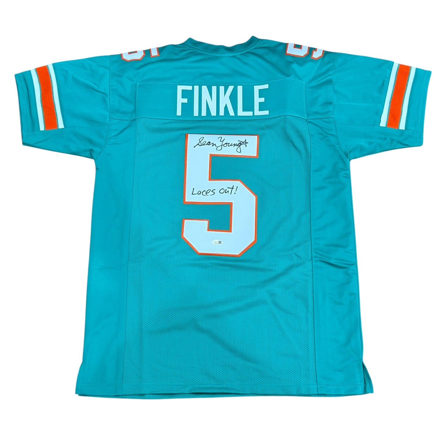 Sean Young Autographed Ray Finkle Miami Dolphins (Teal #5) Jersey w/ "Laces Out" - Ace Ventura Movie