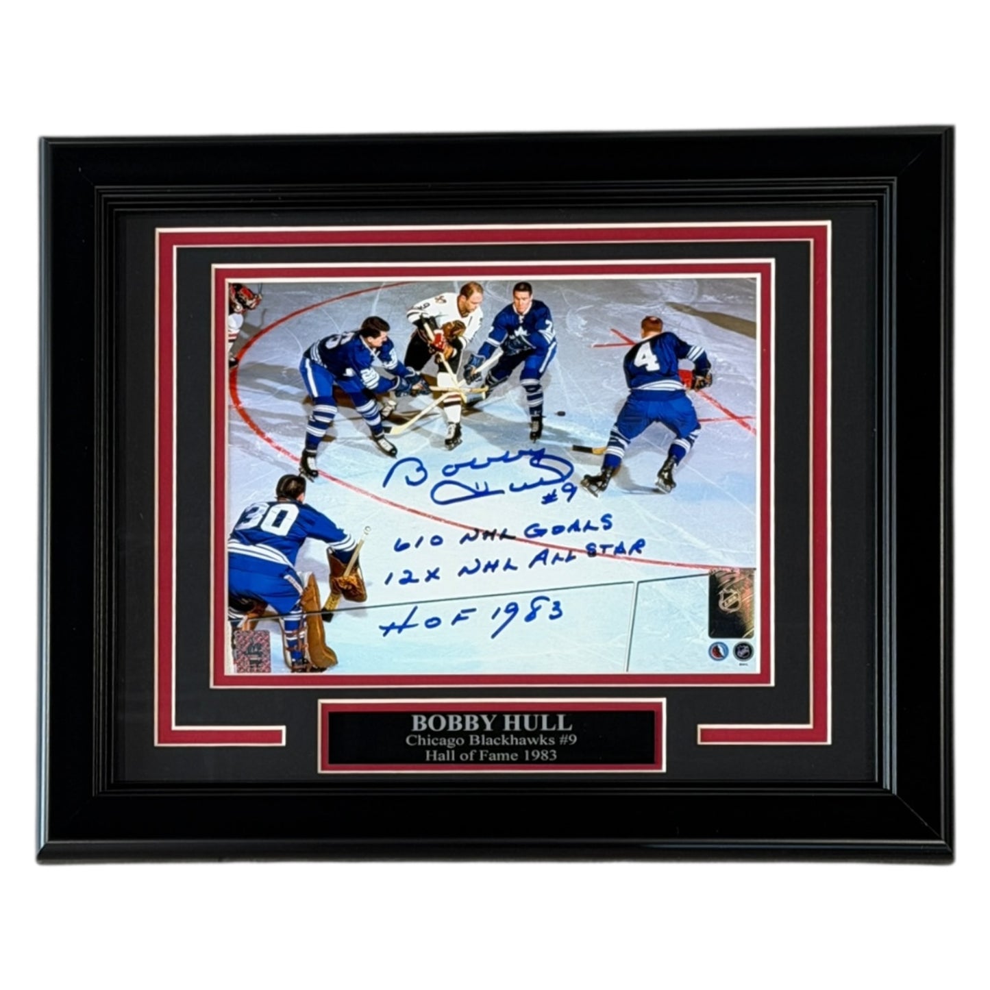 Bobby Hull Autographed Chicago Blackhawks (Horiz Action) Deluxe Framed 8x10 Photo w/ Multiple Inscriptions - Hull Holo