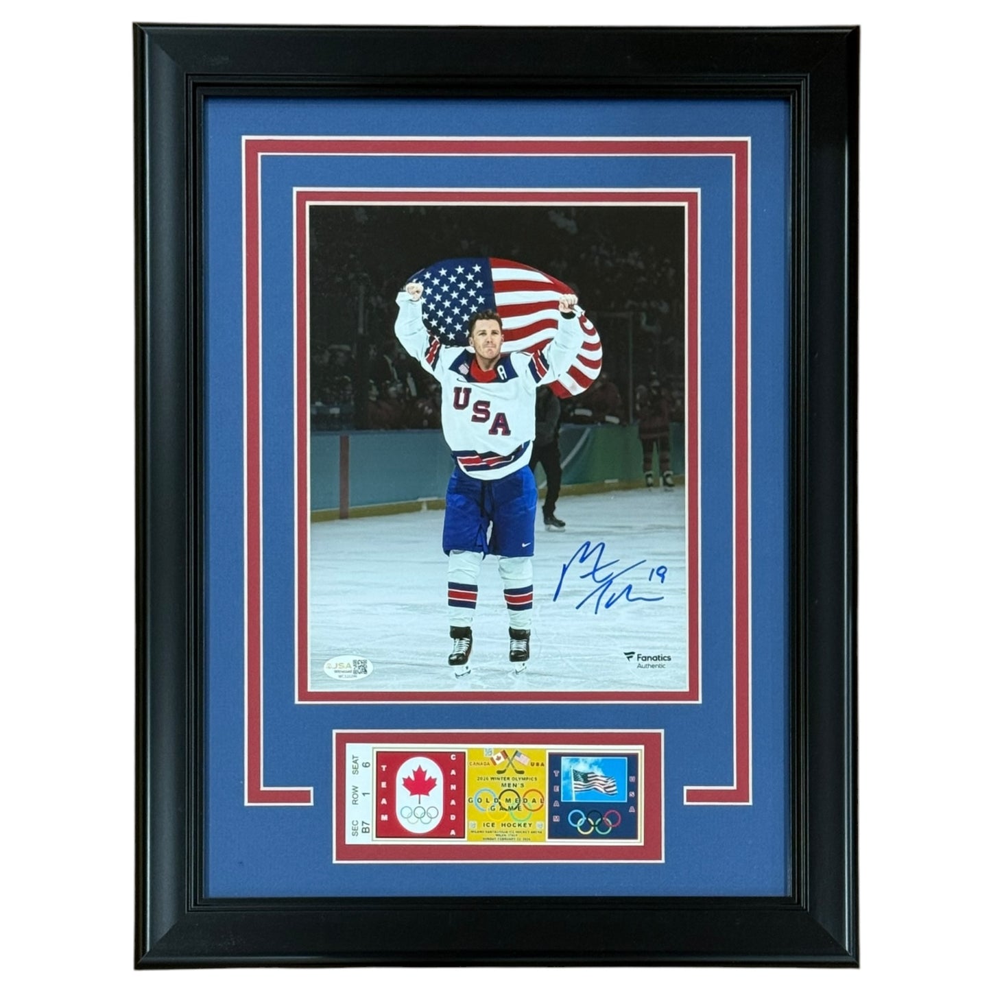 Matthew Tkachuk Autographed Team USA Hockey 2026 Olympics Deluxe Framed 8x10 Photo w/ Replica Gold Medal Game Ticket- JSA