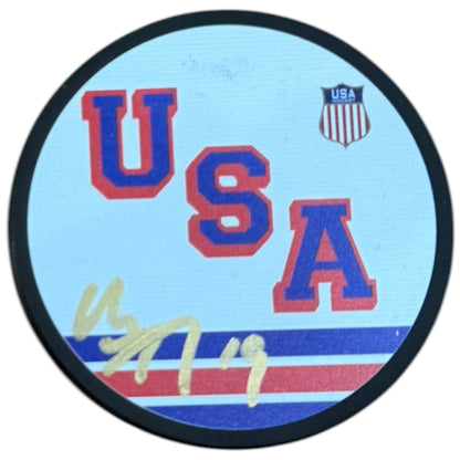 Matthew Tkachuk Autographed Team USA Olympics (White) Jersey Style Hockey Puck - JSA