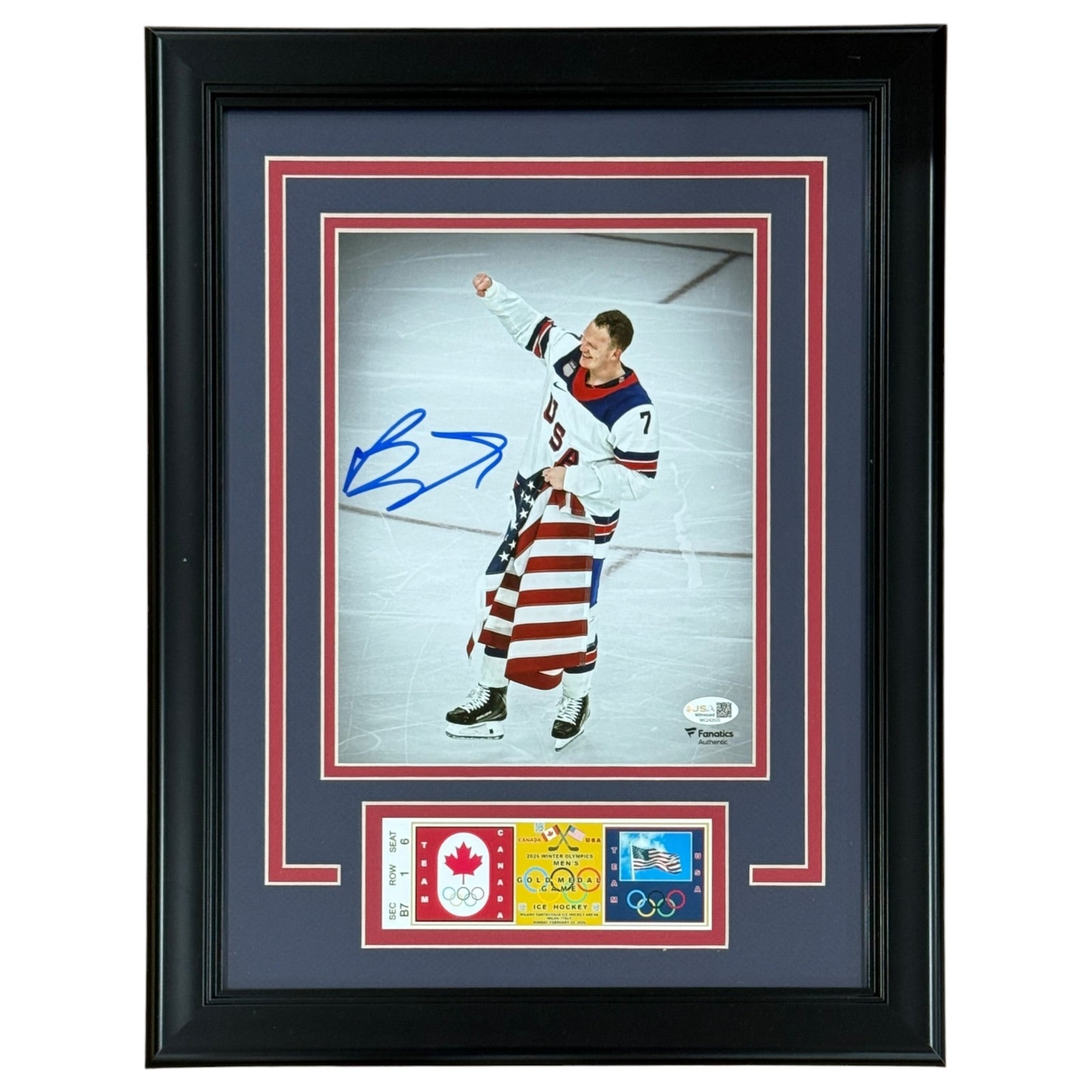 Brady Tkachuk Autographed Team USA Hockey 2026 Olympics Deluxe Framed 8x10 Photo w/ Replica Gold Medal Game Ticket- JSA
