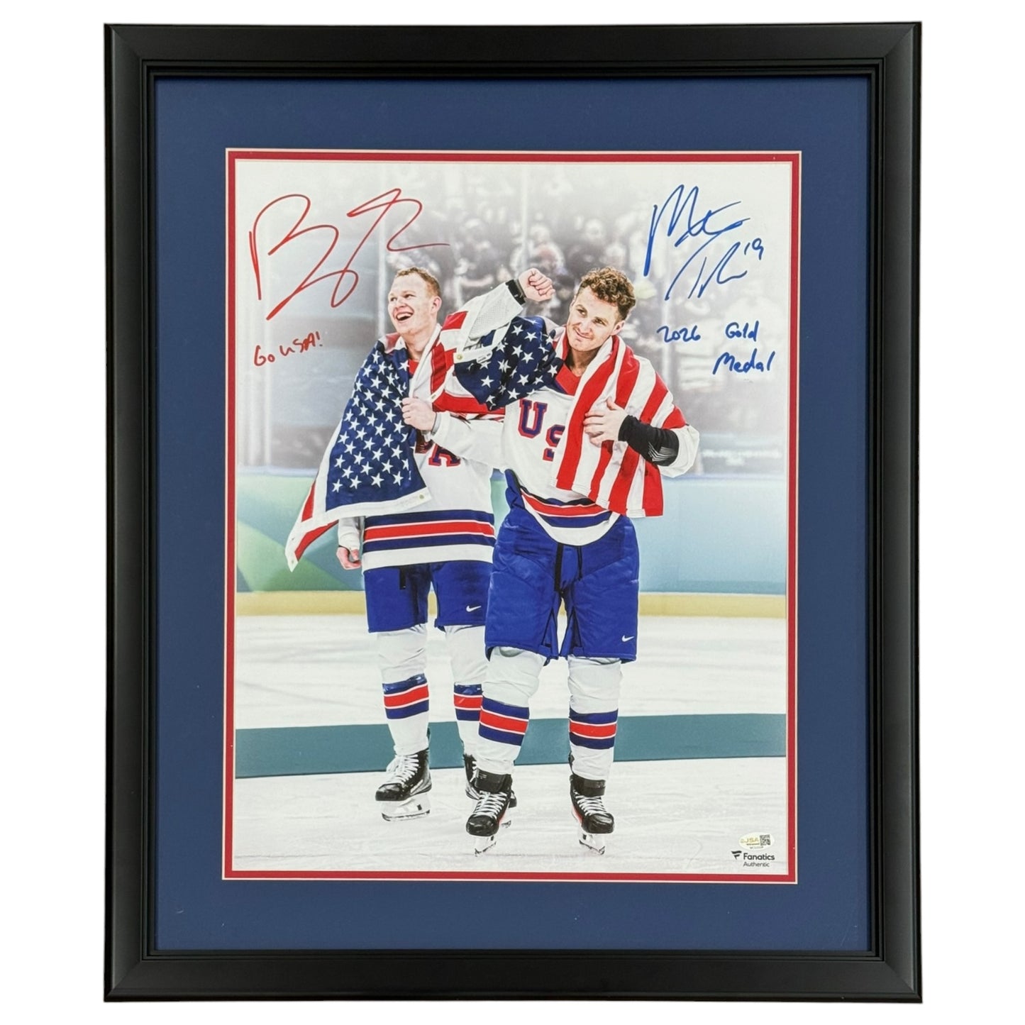 Matthew Tkachuk & Brady Tkachuk Autographed Deluxe Framed Team USA Olympics 16x20 Photo w/ "Go USA! 2026 Gold Medal" - JSA
