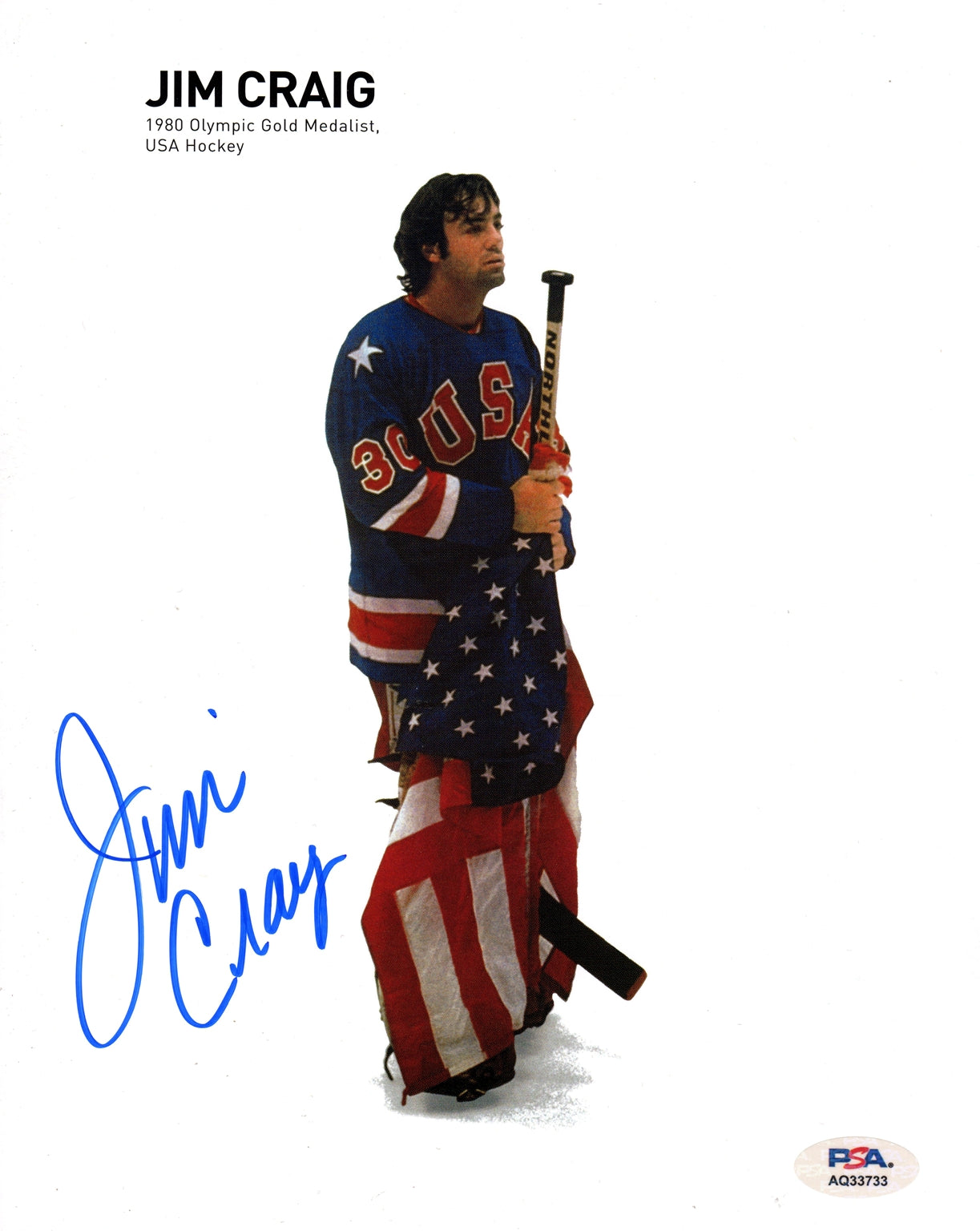Jim Craig Autographed 1980 USA Hockey Holding Flag 8x10 Photo - JSA