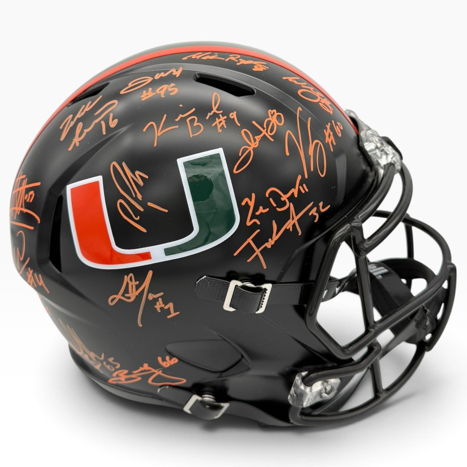 2001 Miami Hurricanes Partial Team Autographed (Black Nights Matte) Deluxe Full-Size Replica Helmet - 16 Signatures