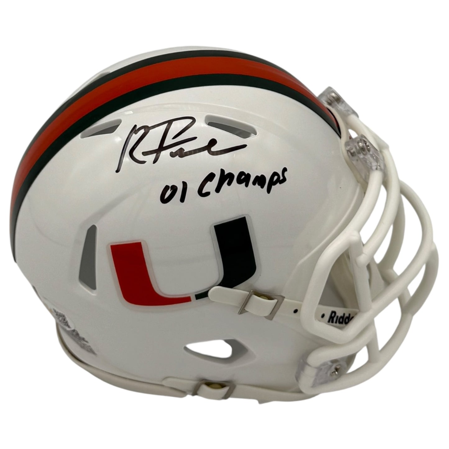 Roscoe Parrish Autographed Miami Hurricanes (Speed) Mini Helmet w/ "01 Champs" - JSA