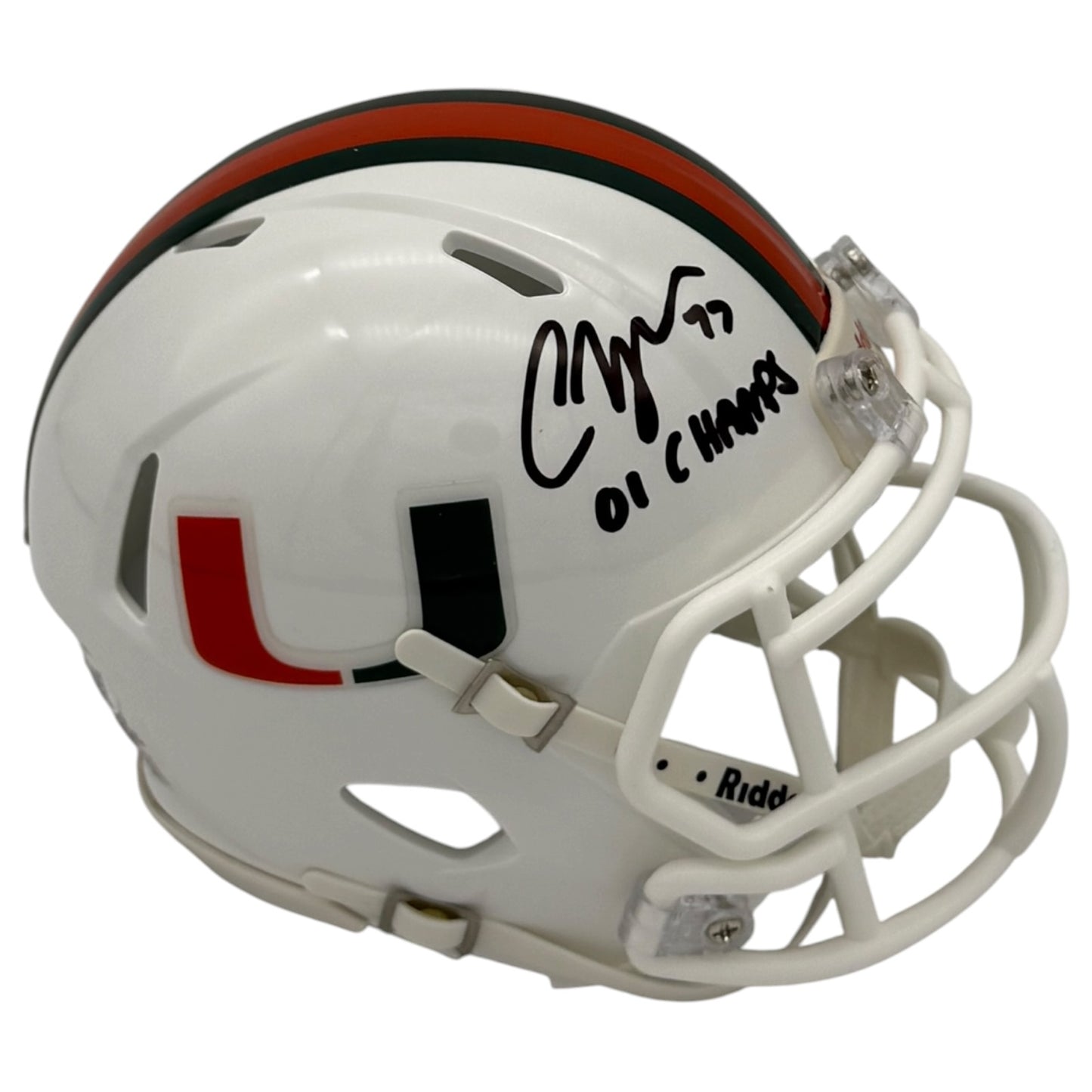 Chris Myers Autographed Miami Hurricanes (Speed) Mini Helmet w/ "01 Champs" - JSA