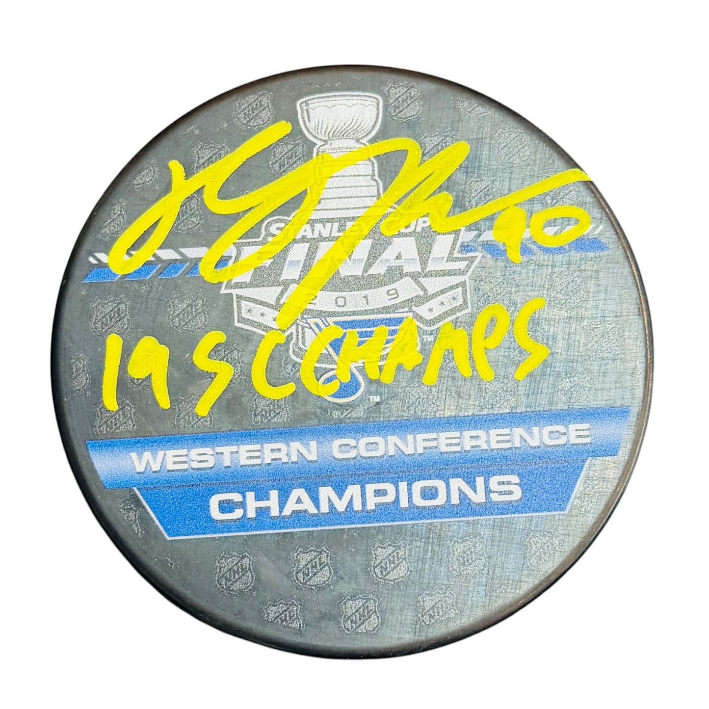 Ryan O'Reilly Autographed St Louis Blues 2019 Stanley Cup Logo Hockey Puck - Yellow Ink - JSA