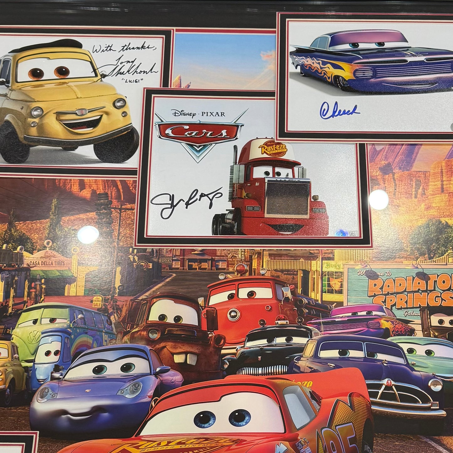 Cars Full-Size Movie Poster Deluxe Framed with 7 Cast Autographs - JSA