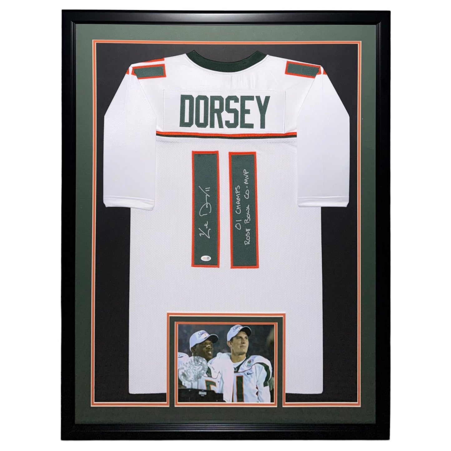 Ken Dorsey Autographed Miami (White #11) Deluxe Framed Custom Stitched Jersey w/ 01 Champs Rose Bowl Co-MVP - JSA