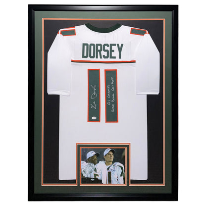 Ken Dorsey Autographed Miami (White #11) Deluxe Framed Custom Stitched Jersey w/ 01 Champs Rose Bowl Co-MVP - JSA