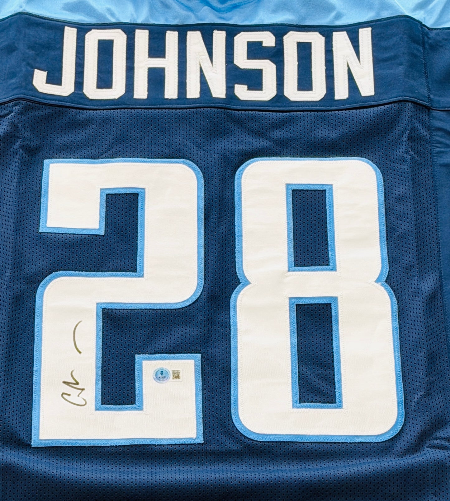 Chris Johnson Autographed Tennessee (Navy Blue #28) Custom Jersey - Beckett