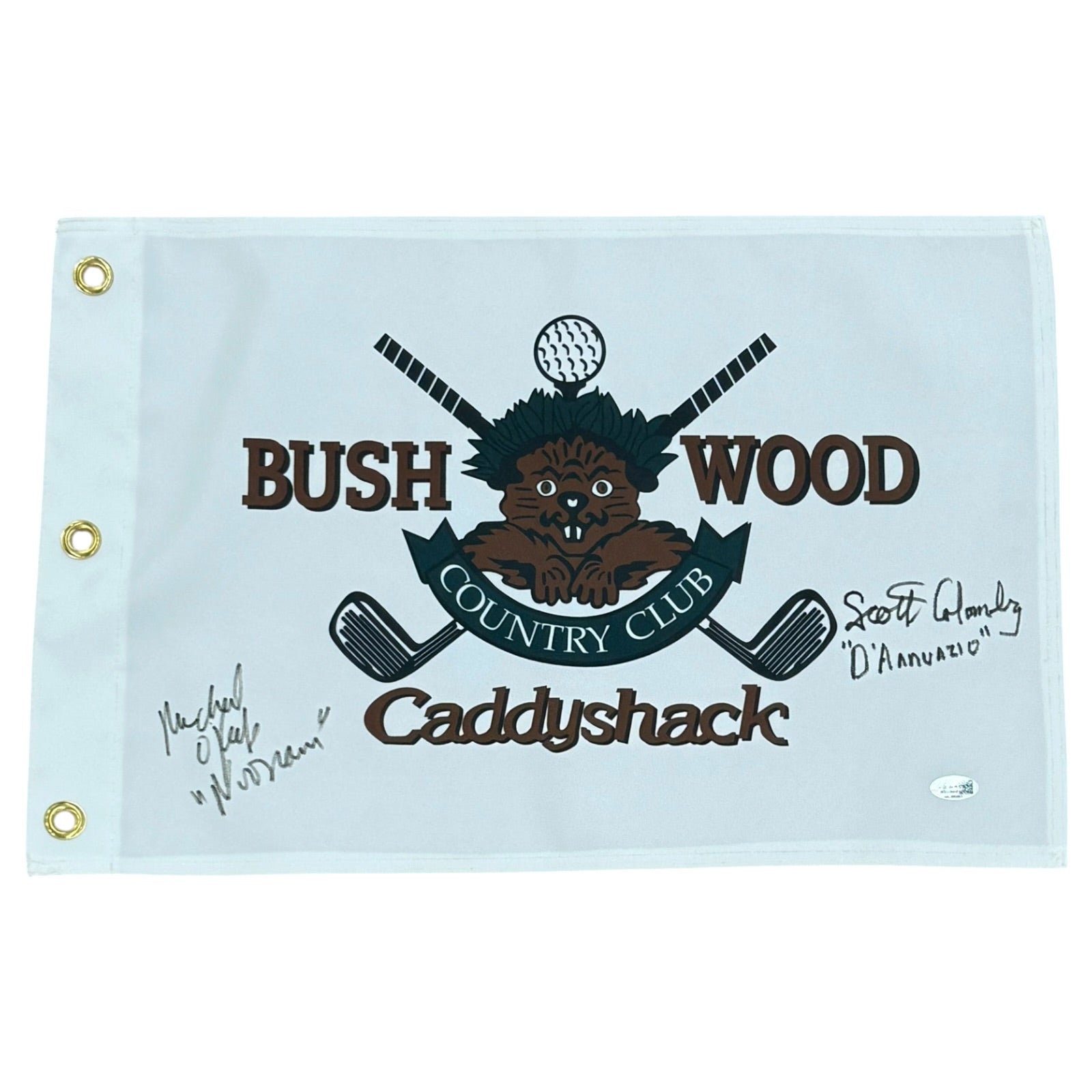 Michael OKeefe Noonan And Scott Colomby DAnnunzio Autographed Bushwood Country Club Caddyshack Golf Pin Flag - JSA