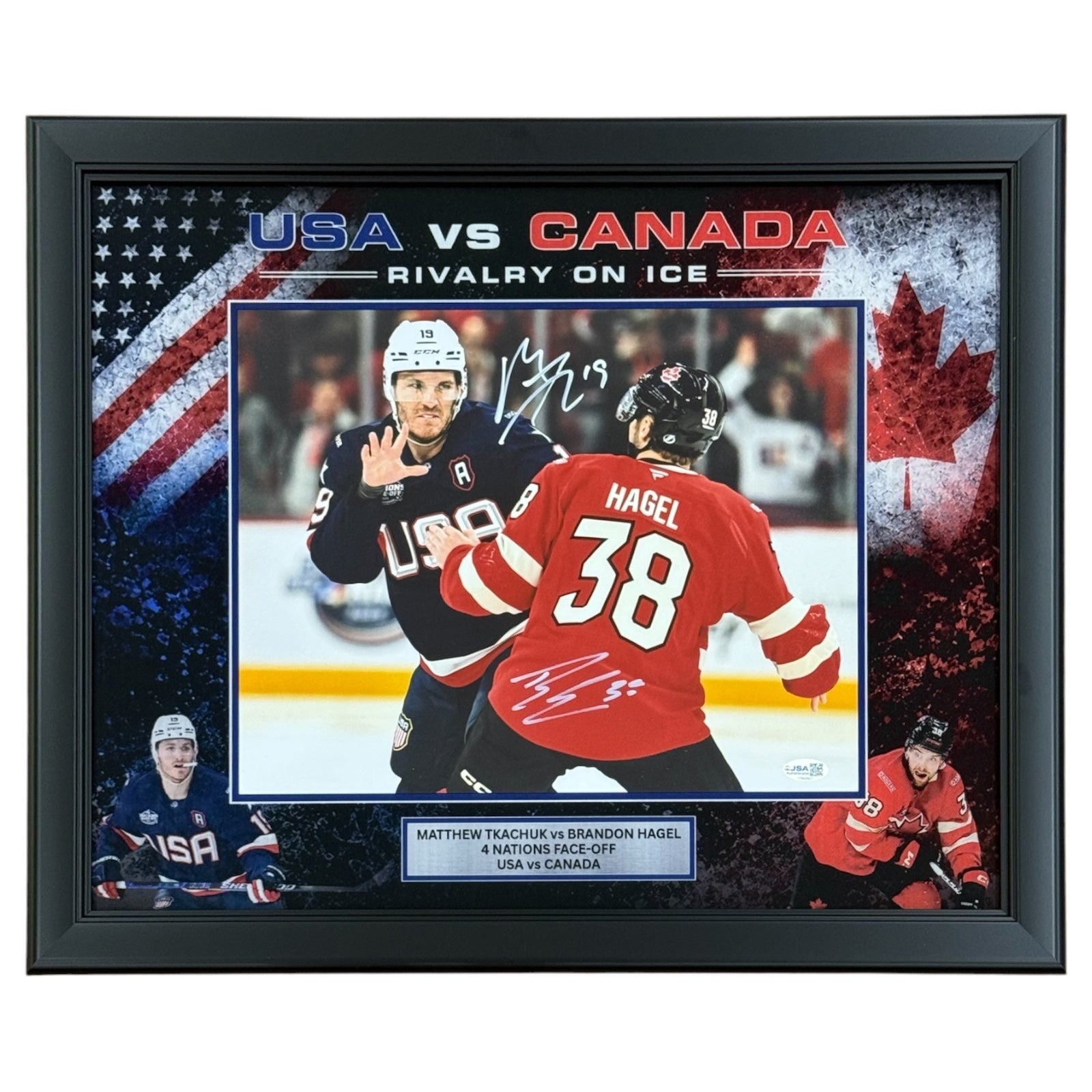 Matthew Tkachuk & Brandon Hagel Autographed Deluxe Framed USA vs Canada Rivalry 11x14 Photo - JSA